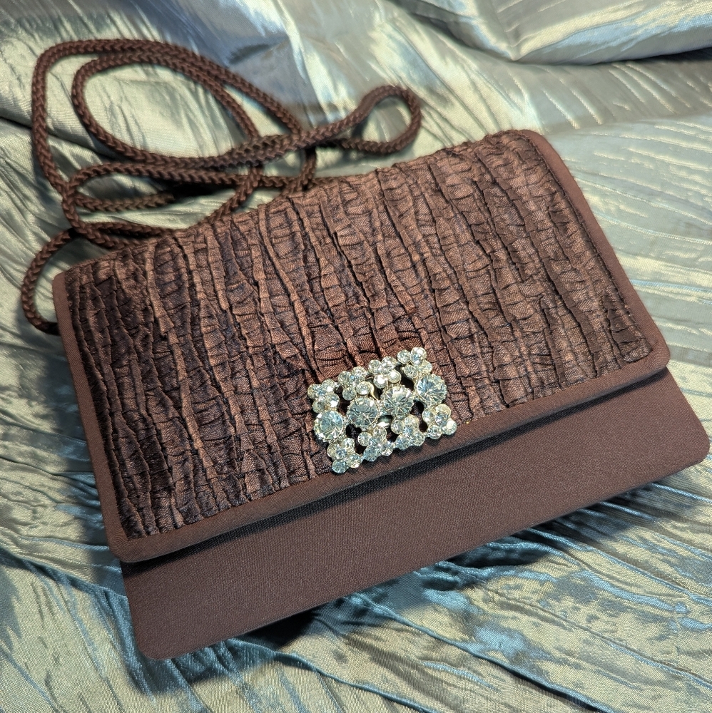 Elegant Formal Brown Clutch with Rhinestone Accent